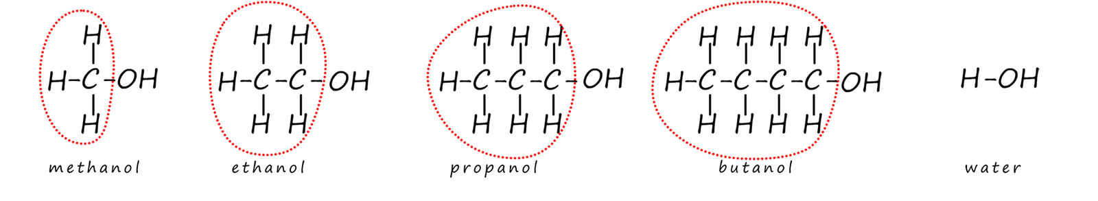 Comparison of the reaction of alcohols and water with metals.